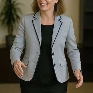 Talbots Women Striped Crop Cotton Blazer Sz 14 Petite 2-Button Office Business